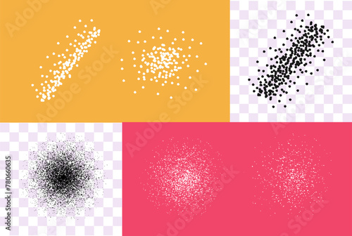 Grunge stipple grain brush circle round vector graphic design element, noise radial sand dots spray texture random, particle dirty small rough distress splatter dotwork image clipart set modern