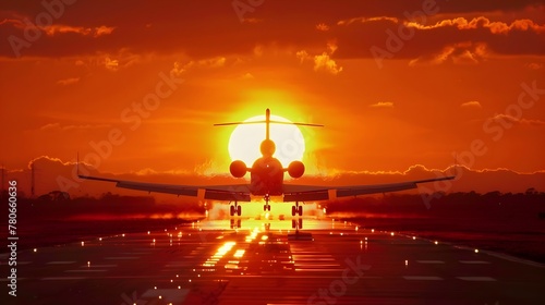 Silhouetted Aircraft Ascending Towards Fiery Sunset Horizon