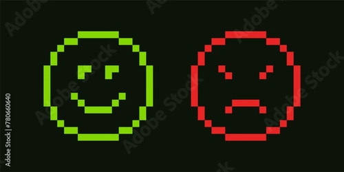 Pixelated minimalist emoticon, bad and good mood quality. Pixel art. arcade game elements or icons. 8-bit smile and angry expression. Upset and mad