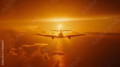 Silhouetted Jetliner Ascending Amidst Fiery Orange Sunset Skies with Glowing Horizon