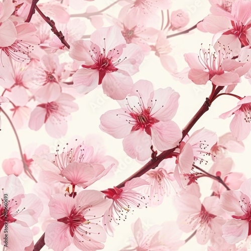 Seamless background of pink cherry blossoms, with delicate petals and branches. © thesweetsheep