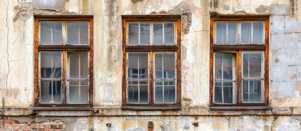 Part of an old building, three windows with wooden frames.
