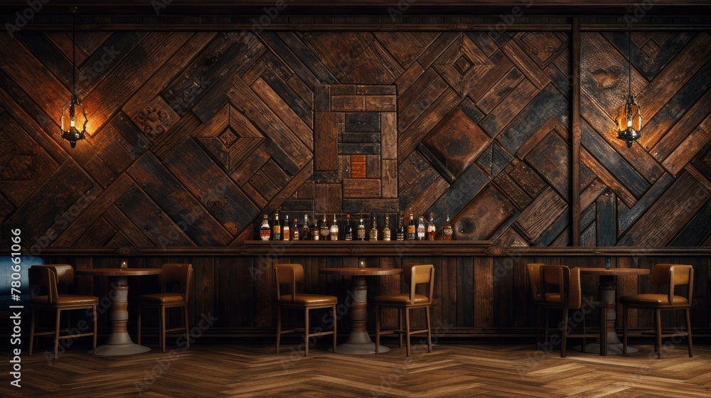 Vintage-style bar interior with wooden decor and dim lighting