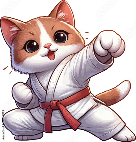 cute cartoon cat in kimono trainig karate and taekwondo