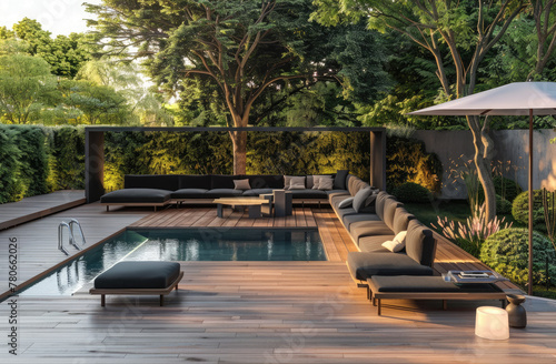 modern outdoor patio with pool  wood deck  couches and chairs  sunset  umbrellas  lush landscaping