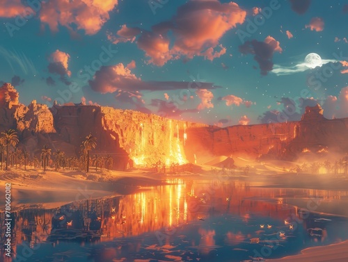 Lava Waterfall in a Mystical Desert Oasis