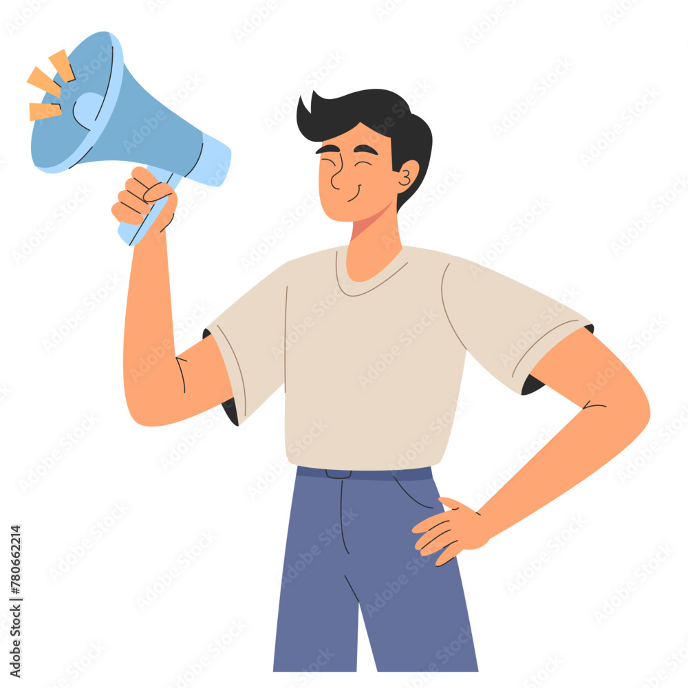 A young man standing with one hand on his hip, confidently wielding a loudspeaker, signaling an announcement or call to action. Vector flat illustration for web or app design A young man standing with one hand on his hip, confidently wielding a loudspeaker, signaling an announcement or call to action. Vector flat illustration for web or app design