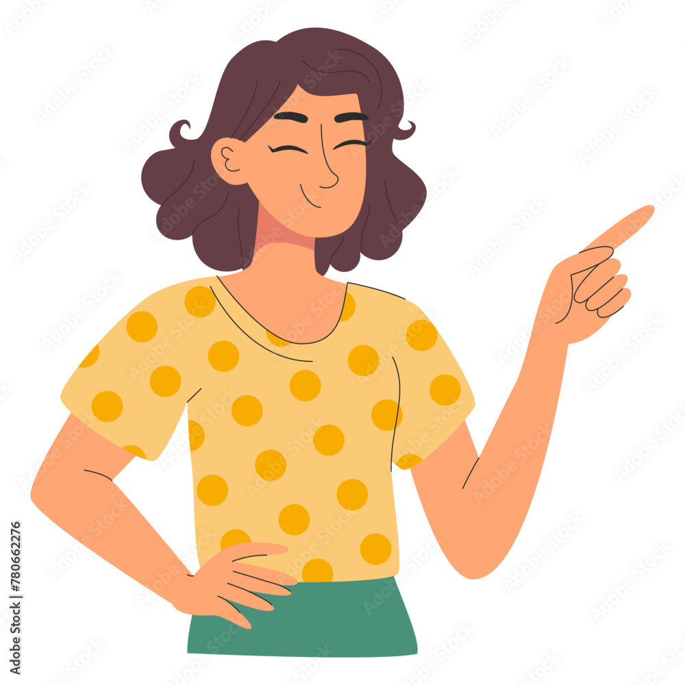Woman female character with curly hair, pointing to right in yellow polka-dot shirt. Vector flat illustration for web or app design Woman female character with curly hair, pointing to right in yellow polka-dot shirt. Vector flat illustration for web or app design