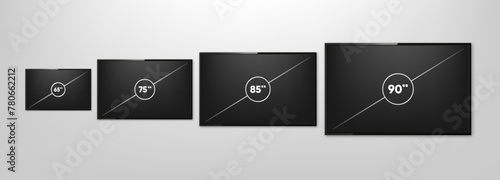 TV Screen Sizes. Smart TV icon collection. Diagonal screen size in 65, 75, 85 and 90 inches. Computer monitor. Vector illustration.