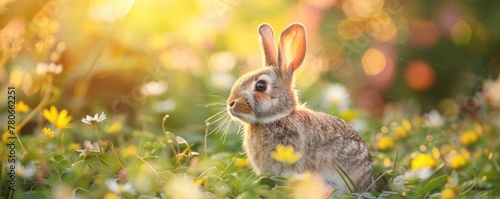 Wild Rabbit Amongst Spring Flowers at Sunset