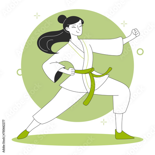 A strong female figure in white karate attire practices her stance against a modern green circle background symbolizing growth and balance. Vector flat illustration for web or app design