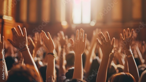 Diverse Hands Raised in Curious Participation at Grand Lecture Hall