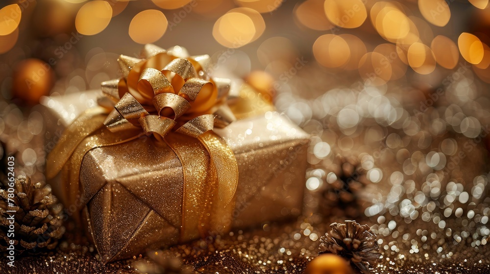 A holiday gift package decorated with golden ribbons and pine cones A holiday gift package decorated with golden ribbons and pine cones