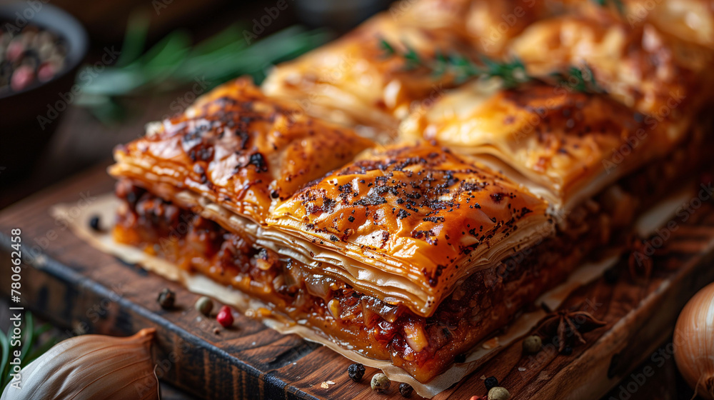 Savory meat pie with flaky crust, garnished with herbs and spices, served on a rustic wooden board, perfect for culinary themes.