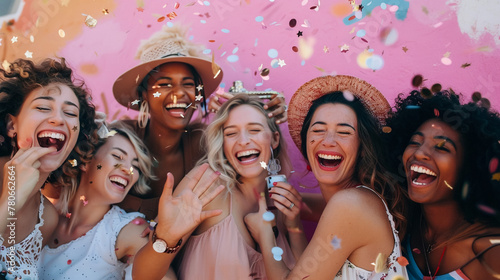 A group photo of friends at an outdoor party, set against a soft pastel pink backdrop adorned with confetti 
