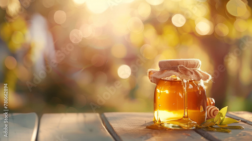 golden honey in a glass jar on the table in light-colored copy space for text