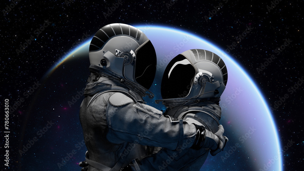 Astronauts in space, one holding the other, with Earth in the background under starry sky. Love. 3d render Astronauts in space, one holding the other, with Earth in the background under starry sky. Love. 3d render
