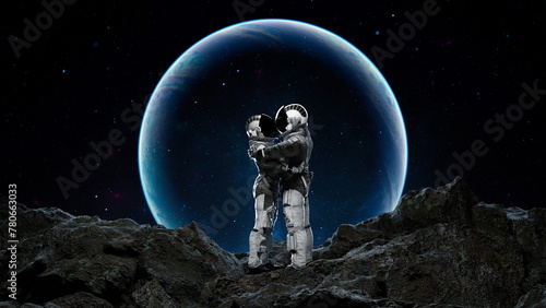 Two astronauts in a tender embrace on a barren, rocky surface with an otherworldly blue moon in the backdrop. 3d render