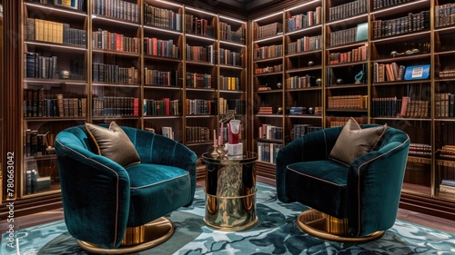 cozy library area combines leather-bound books with soft, velvet reading chairs and glossy, metallic side tables