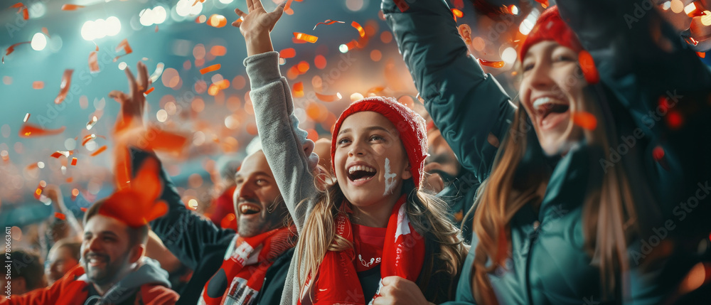 Members of extended family with kids cheering for their sports team while watching a game from stadium stands. Members of extended family with kids cheering for their sports team while watching a game from stadium stands.