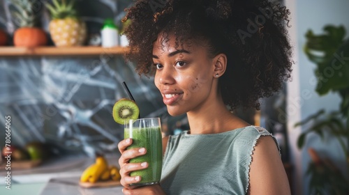 young woman prepares the detox smoothie superfoods like spinach and chia seeds for an extra health boost.