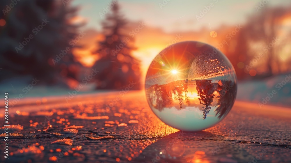 A picturesque 3D vector depiction of a Christmas glass ball reflecting a scenic road at sunset A picturesque 3D vector depiction of a Christmas glass ball reflecting a scenic road at sunset