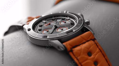 Luxury wristwatch with exposed gears on a leather strap, resting on a textured surface, with a selective focus and a blurred background.