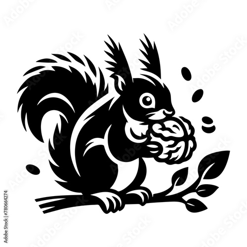 Squirrel logo vector. Squirrel with acorn vector silhouette icon on white background