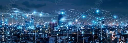 Wireless network and Connection technology concept with city background at night , panorama view