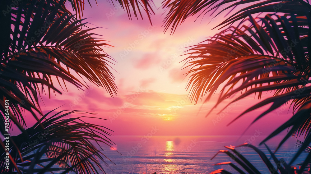 Experience the tranquility of a summer sunset surrounded by palm tree leaves in gentle pastel hues, capturing the serene beauty of nature.