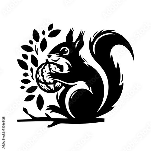 Squirrel logo vector. Squirrel with acorn vector silhouette icon on white background