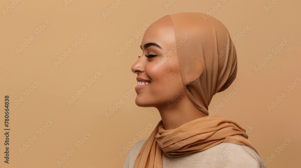 A bald woman with a shaved head after chemotherapy. Beautiful Caucasian Muslim women standing isolated over beige background. Concept of supporting to all women suffering from cancer A bald woman with a shaved head after chemotherapy. Beautiful Caucasian Muslim women standing isolated over beige background. Concept of supporting to all women suffering from cancer