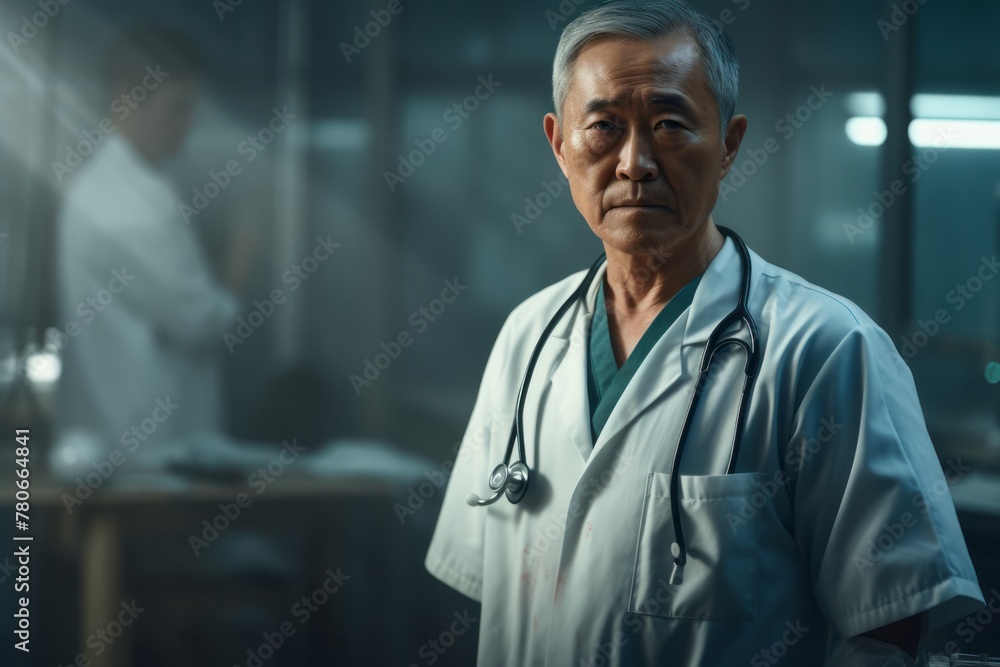 Portrait of a doctor medical worker in surgical clothing in an operating room, concept of surgery and professionalism in the medical field Portrait of a doctor medical worker in surgical clothing in an operating room, concept of surgery and professionalism in the medical field
