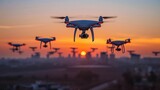 Squadron Of Drones With Cameras Hovering In The Evening Sky, Capturing The Dying Light Of Sunset. Surveillance and Monitoring. AI Generated
