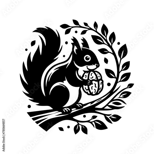 Squirrel logo vector. Squirrel with acorn vector silhouette icon on white background