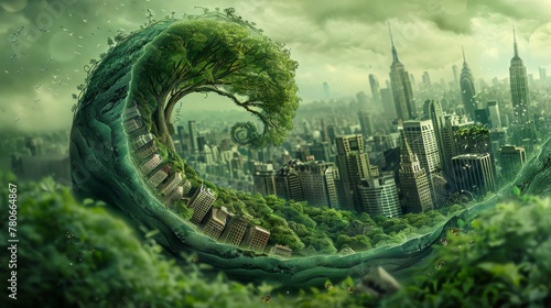 A surrealistic portrayal of a spiral green world  with a cityscape nestled inside an eggshell