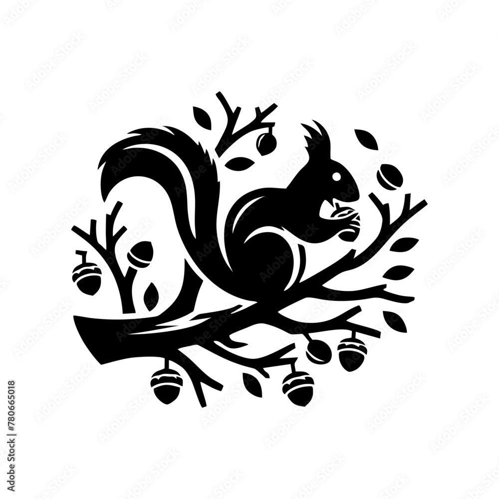 Obraz premium Squirrel logo vector. Squirrel with acorn vector silhouette icon on white background
