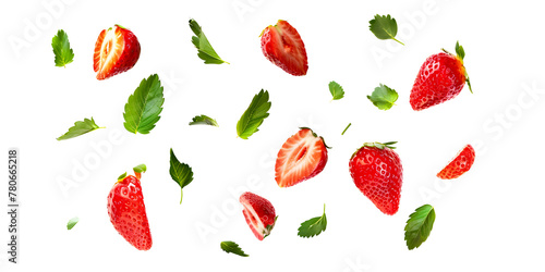Isolated strawberry and slice with green leaf floating on white