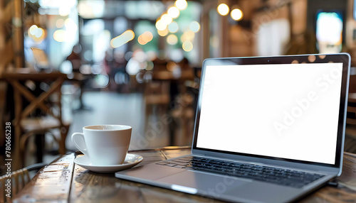 Laptop with white blank screen and coffee cup on wooden table. Generative ai design concept.