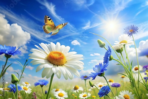 Beautiful white  yellow daisies and blue cornflowers with fluttering butterfly in summer in nature against background of blue sky with clouds, macro. Concept bright warm  summer nature.