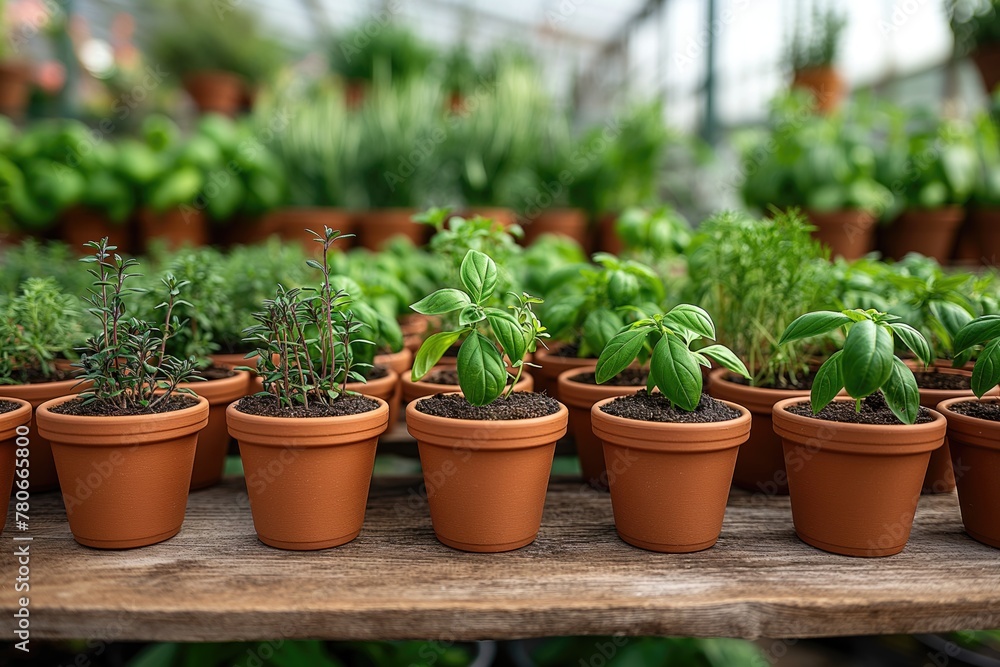 Variety of potted herbs in a greenhouse setting - urban farming and fresh kitchen ingredients