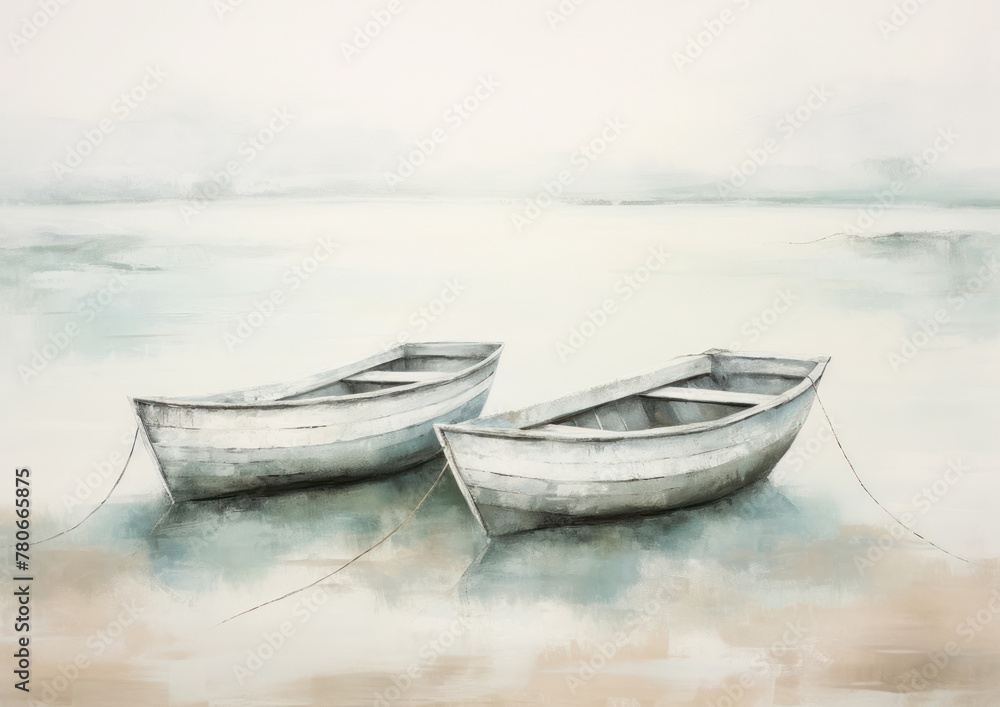 boats on the shore drawing with paints, rowing boats, minimalistic landscape, marine theme, close
