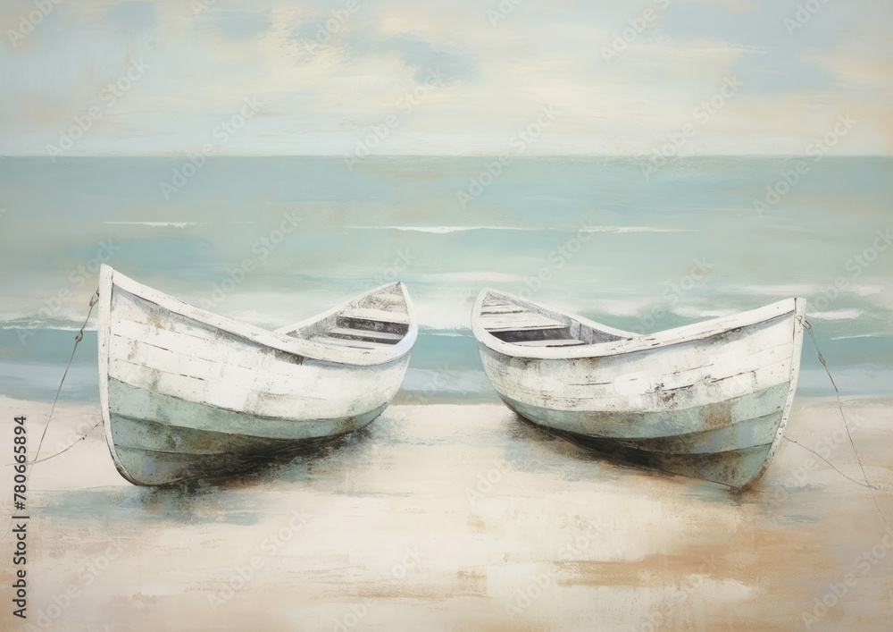 Naklejka premium boats on the shore drawing with paints, rowing boats, minimalistic landscape, marine theme, close