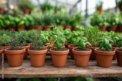 Variety of potted herbs in a greenhouse setting - urban farming and fresh kitchen ingredients