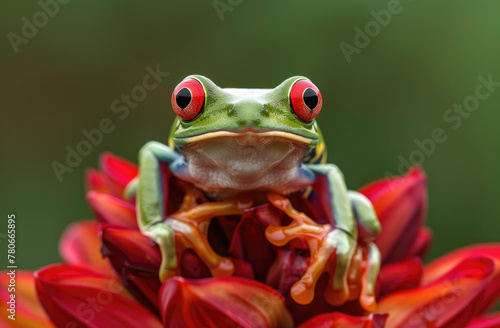 Photo of a tree frog sitting on top of a red flower