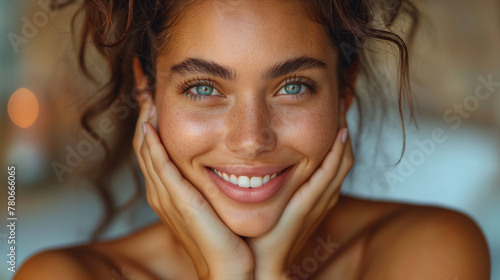 Pretty smiling woman at home. woman with clean perfect fresh skin and long hair. Woman portrait of beauty model with natural make-up, formed eyebrows and long eyelashes. photo