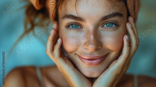 Pretty smiling woman at home. woman with clean perfect fresh skin and long hair. Woman portrait of beauty model with natural make-up, formed eyebrows and long eyelashes.