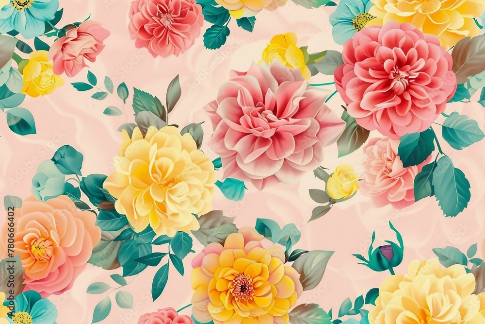 Seamless pattern with Colorful boho rose and dahlia florals. repeating pattern for nursery decor.
