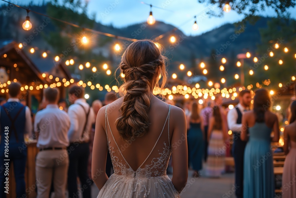 Fototapeta premium people attending wedding party romantic atmosphere with flower and light, Generative Ai