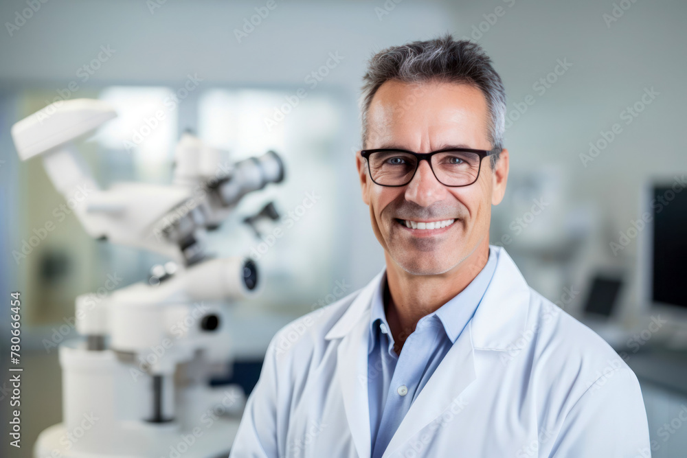 Smiling doctor, portrait of an innovative scientist, background Smiling doctor, portrait of an innovative scientist, background